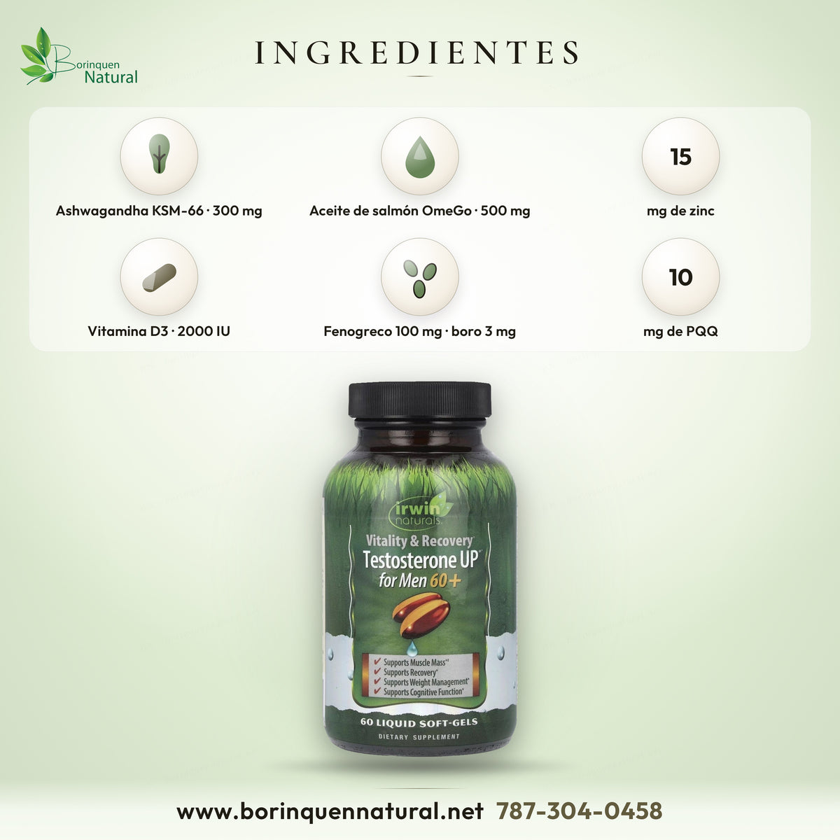 Ingredientes de Testosterone UP for Men 60+: ashwagandha KSM-66 300 mg, aceite de salmón OmeGo 500 mg, zinc 15 mg, vitamina D3 2000 IU, fenogreco, boro y PQQ