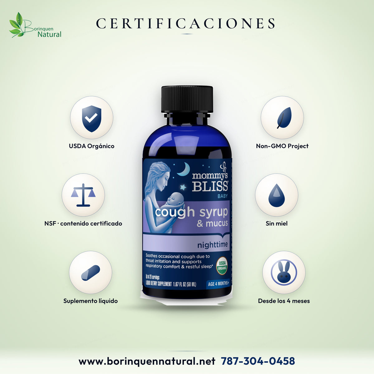 Jarabe Mommy's Bliss certificado orgánico por el USDA, verificado Non-GMO Project, contenido certificado por NSF y sin miel