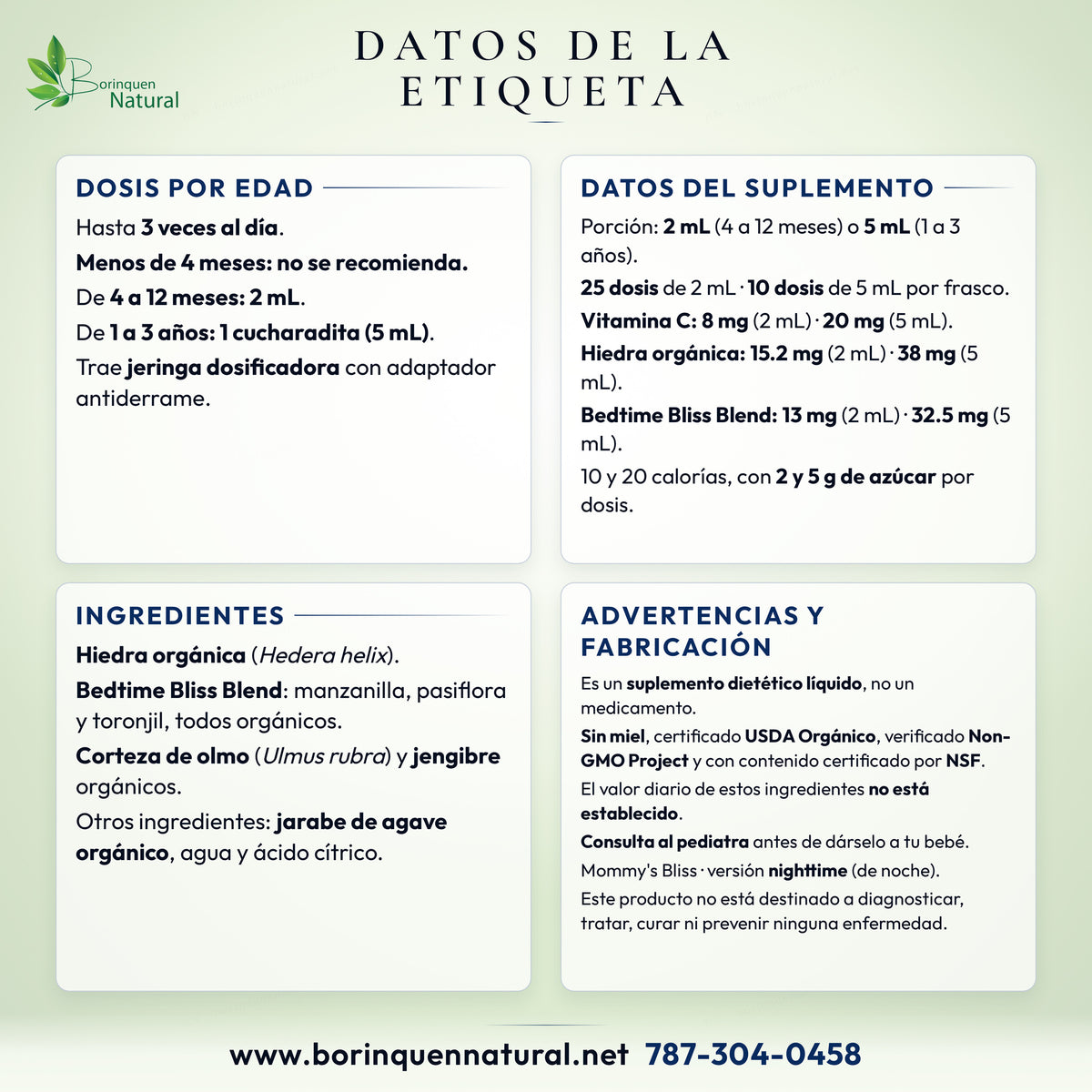 Datos de la etiqueta del jarabe Mommy's Bliss de noche: dosis por edad, datos del suplemento, ingredientes y advertencias