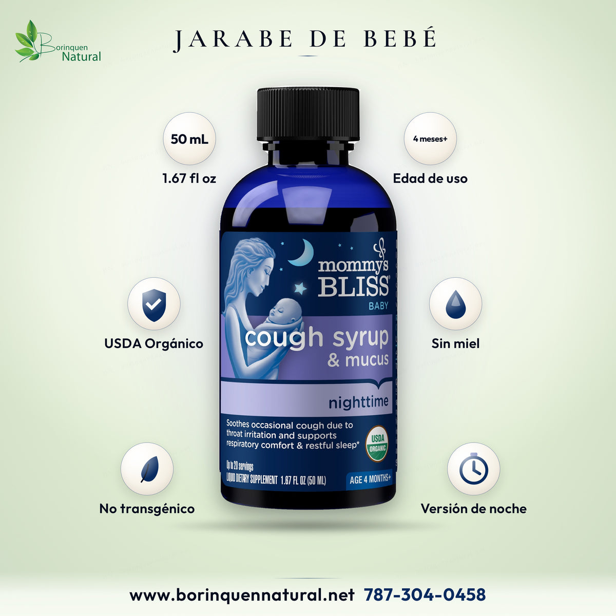 Jarabe de tos y mucosidad Mommy's Bliss para bebés versión de noche, frasco de 50 mL certificado orgánico por el USDA, sin miel, desde los cuatro meses