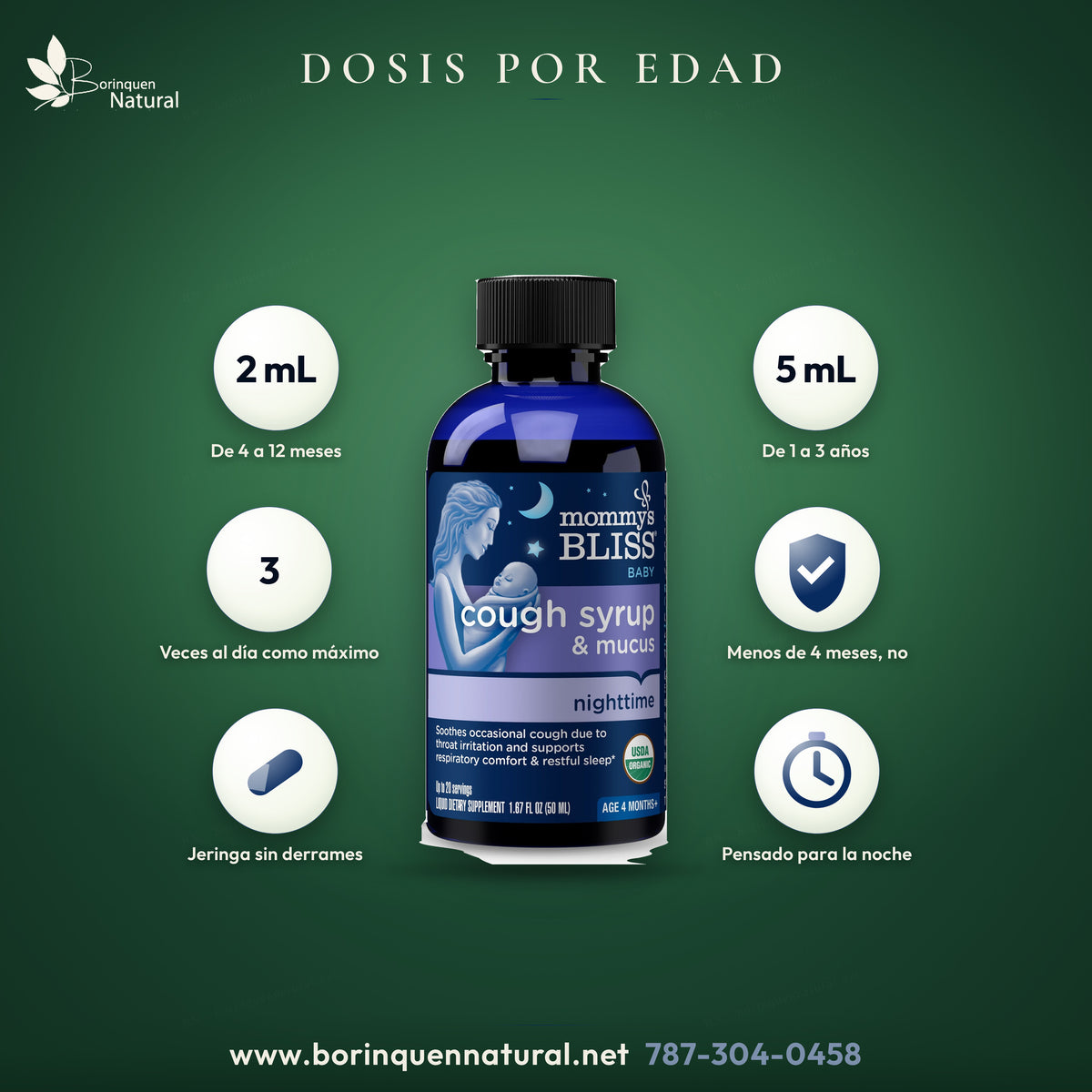 Dosis del jarabe Mommy's Bliss de noche: 2 mL de los 4 a los 12 meses y 5 mL de 1 a 3 años, hasta tres veces al día