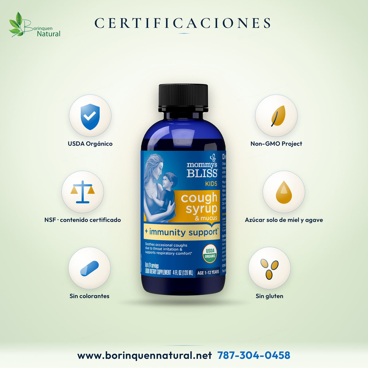 Jarabe Mommy's Bliss para niños certificado orgánico por el USDA, verificado Non-GMO Project, contenido certificado por NSF, sin colorantes ni gluten