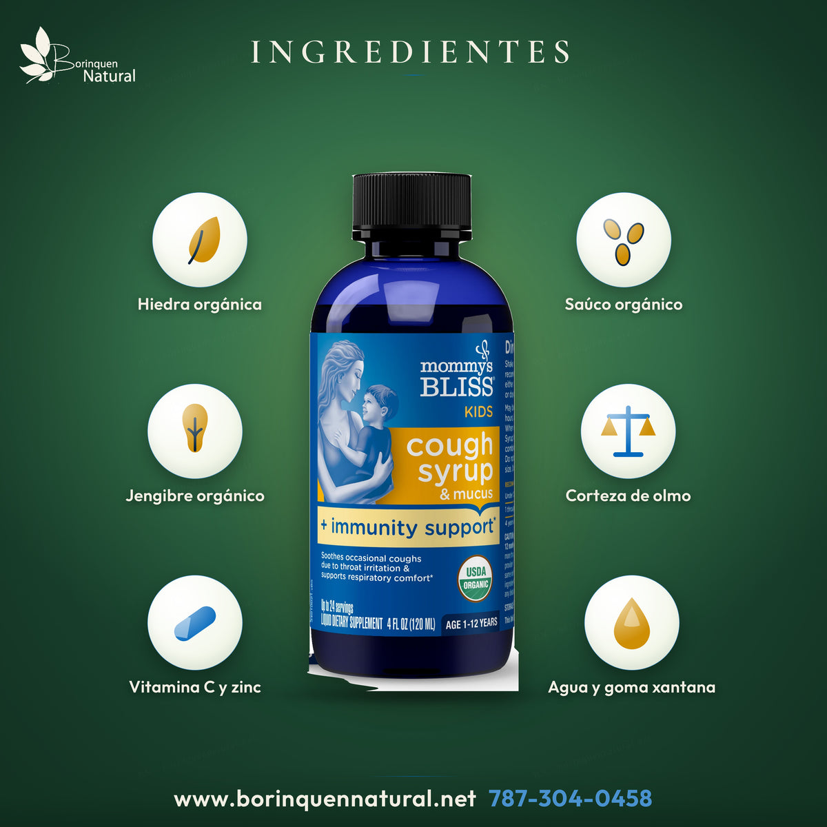 Ingredientes del jarabe Mommy's Bliss para niños: hiedra, saúco, corteza de olmo y jengibre orgánicos, con vitamina C y zinc en miel y agave orgánicos