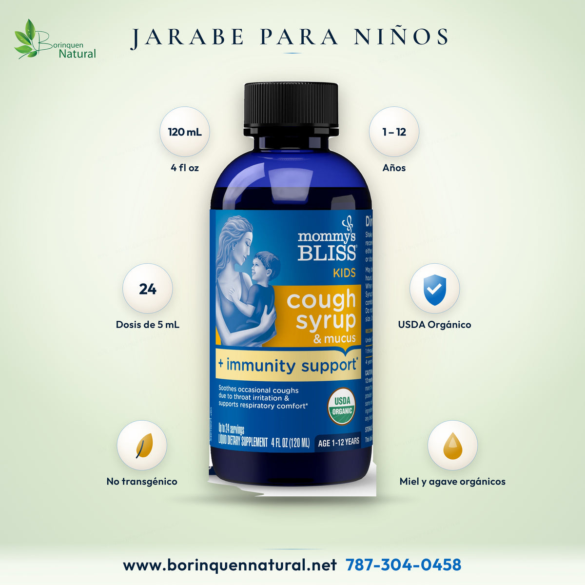 Jarabe de tos y mucosidad Mommy's Bliss para niños de 1 a 12 años, frasco de 120 mL certificado orgánico por el USDA, con miel y agave orgánicos y apoyo inmunológico