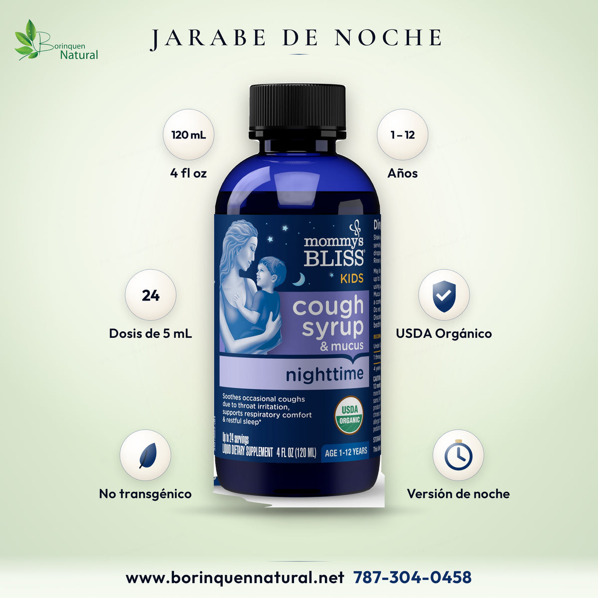 Jarabe de tos y mucosidad Mommy's Bliss para niños versión de noche, frasco de 120 mL certificado orgánico por el USDA, con miel y agave orgánicos, para niños de 1 a 12 años
