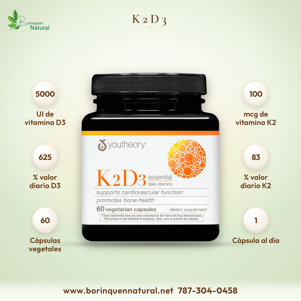 K2D3 Youtheory: 5,000 UI de vitamina D3, 100 mcg de vitamina K2, 60 cápsulas vegetales, 1 al día