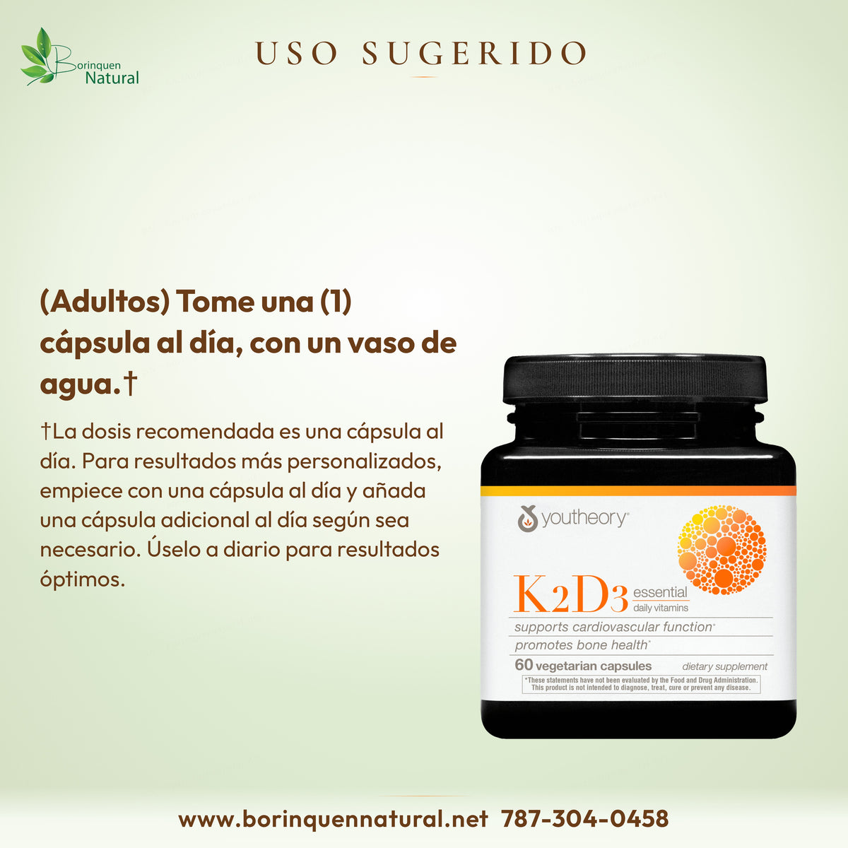 Uso sugerido de K2D3 Youtheory: adultos, una cápsula al día con un vaso de agua