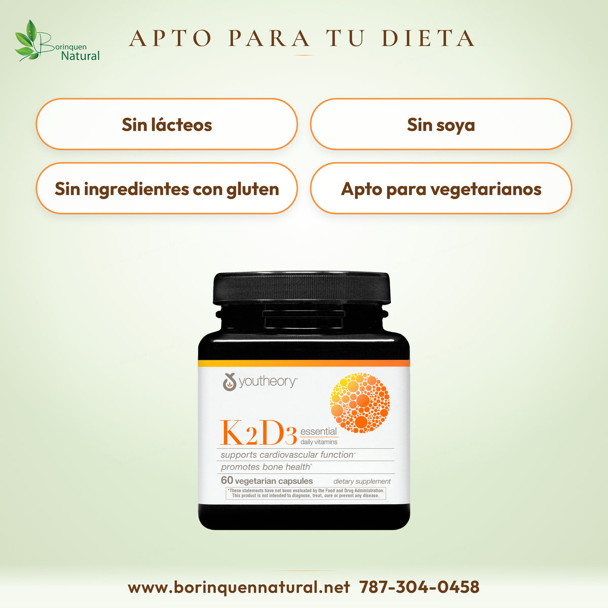 K2D3 Youtheory sin lácteos, sin soya, sin ingredientes con gluten y apto para vegetarianos