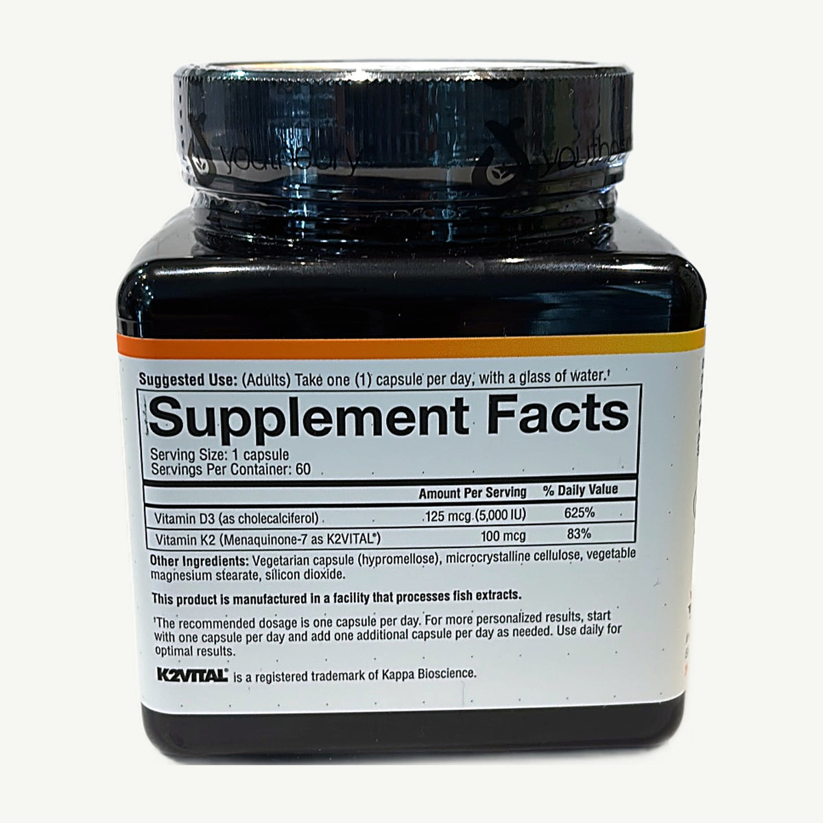 Foto real del panel Supplement Facts y uso sugerido de K2D3 Youtheory