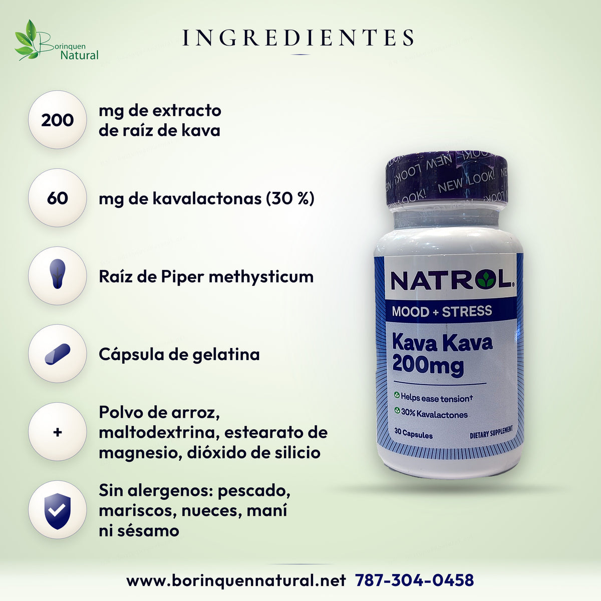 Ingredientes del Kava Kava Natrol: 200 mg de extracto de raíz de kava con 60 mg de kavalactonas en cápsula de gelatina