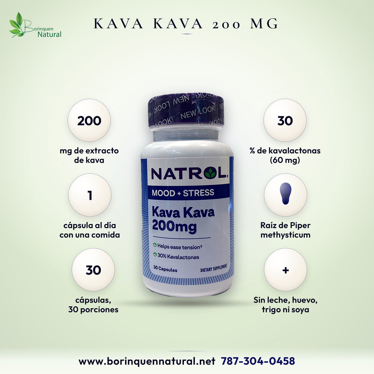 Kava Kava Mood + Stress de Natrol, frasco de 30 cápsulas de 200 mg de extracto de raíz de kava con 30% de kavalactonas