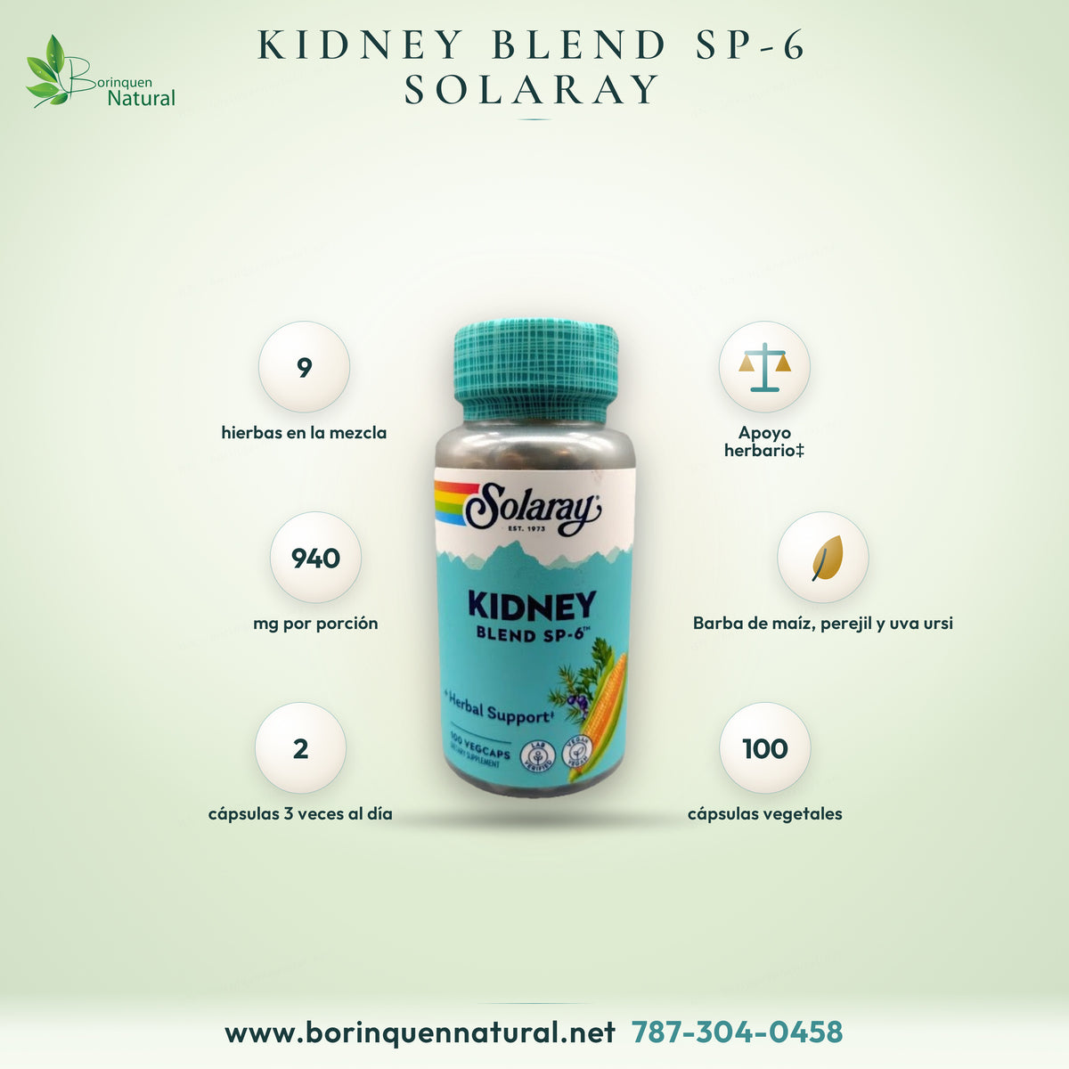 Kidney Blend SP-6 de Solaray, mezcla de hierbas con barba de maíz, perejil, uva ursi y enebro, frasco de 100 cápsulas vegetales