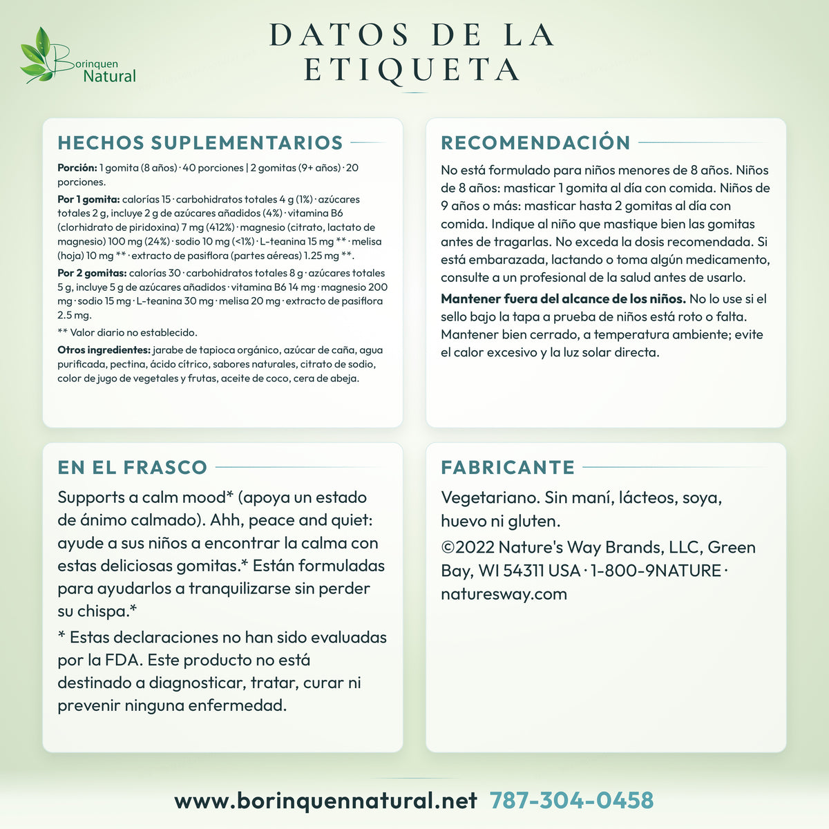 Datos de la etiqueta de Kids Cool, Calm & Collected Nature's Way: hechos suplementarios, uso y avisos