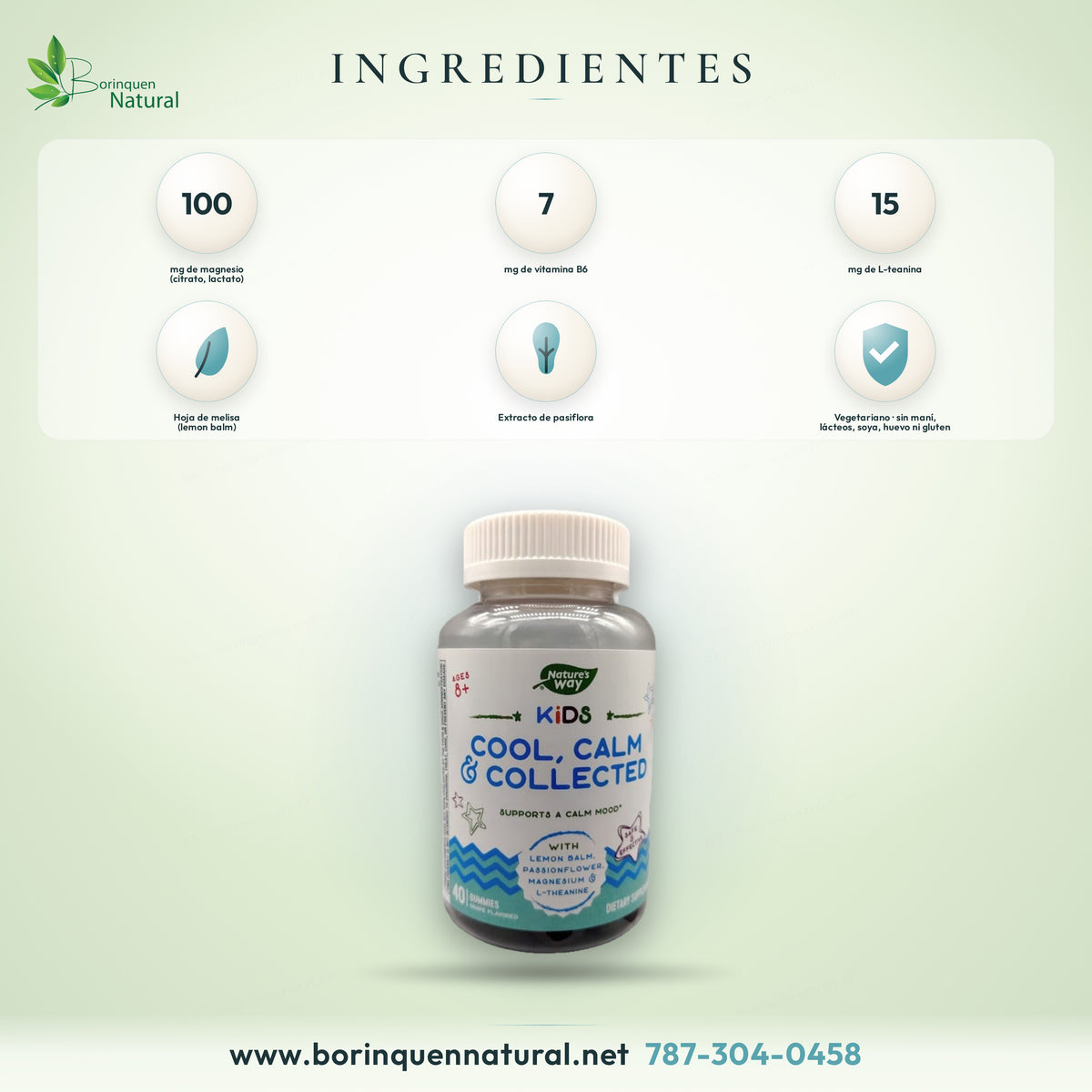 Ingredientes de Kids Cool, Calm & Collected Nature's Way: magnesio, vitamina B6, L-teanina, melisa y pasiflora
