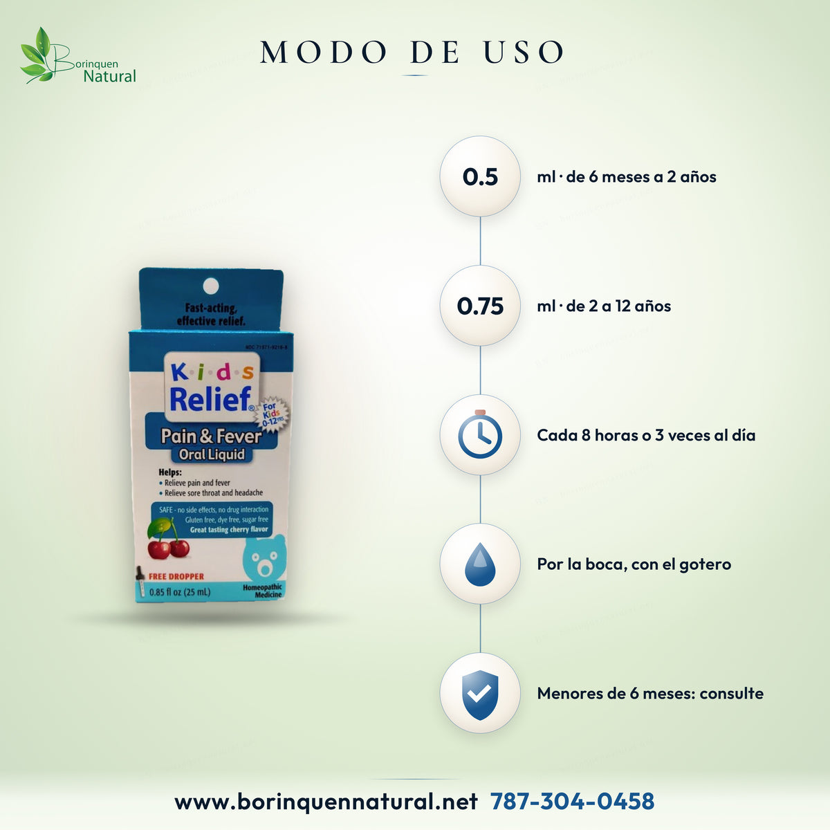 Modo de uso de Kids Relief Pain & Fever: 0.5 ml de 6 meses a 2 años y 0.75 ml de 2 a 12 años, cada 8 horas