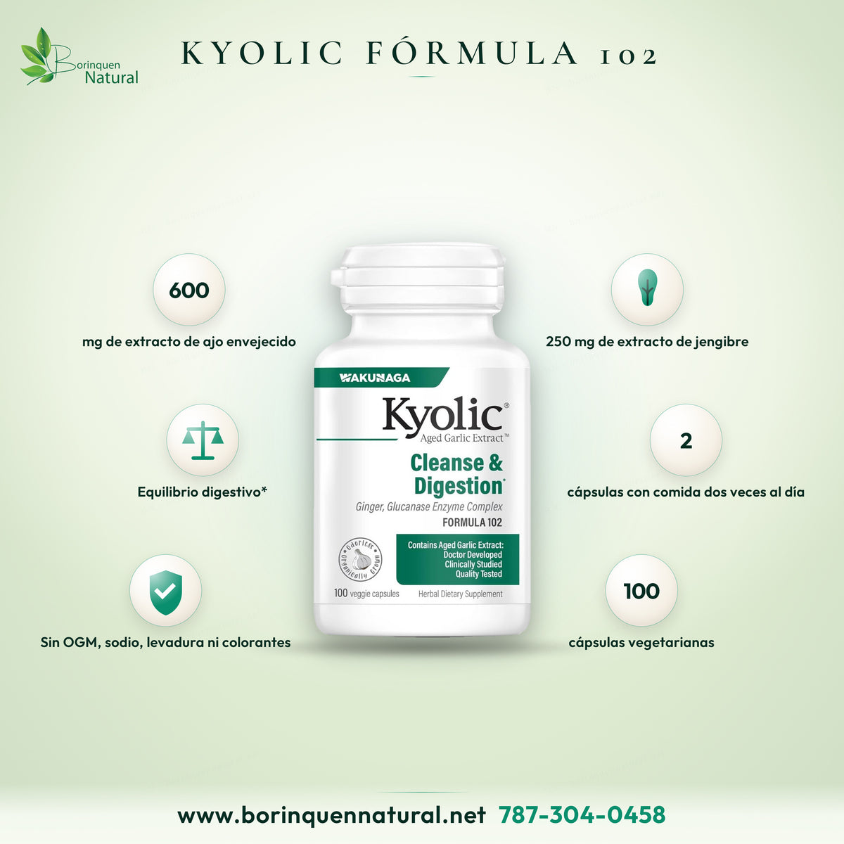 Kyolic Cleanse & Digestion Formula 102 de Wakunaga: extracto de ajo envejecido, jengibre y enzimas, frasco de 100 cápsulas vegetarianas