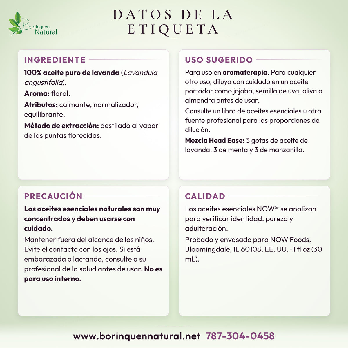 NOW lavender oil label facts: ingredient, suggested use, caution and quality