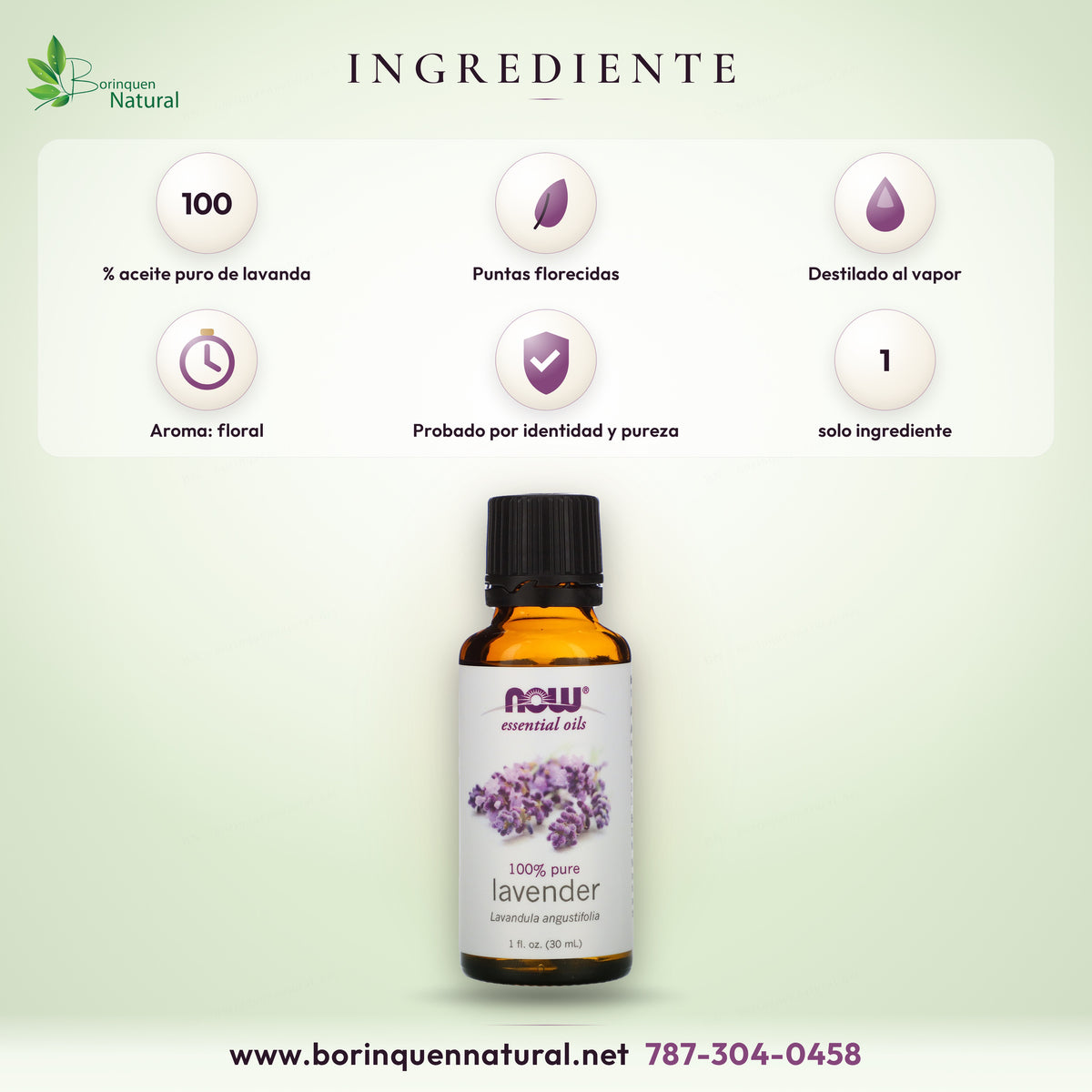 NOW lavender oil ingredient: 100% pure oil, steam distilled flowering tops, floral aroma
