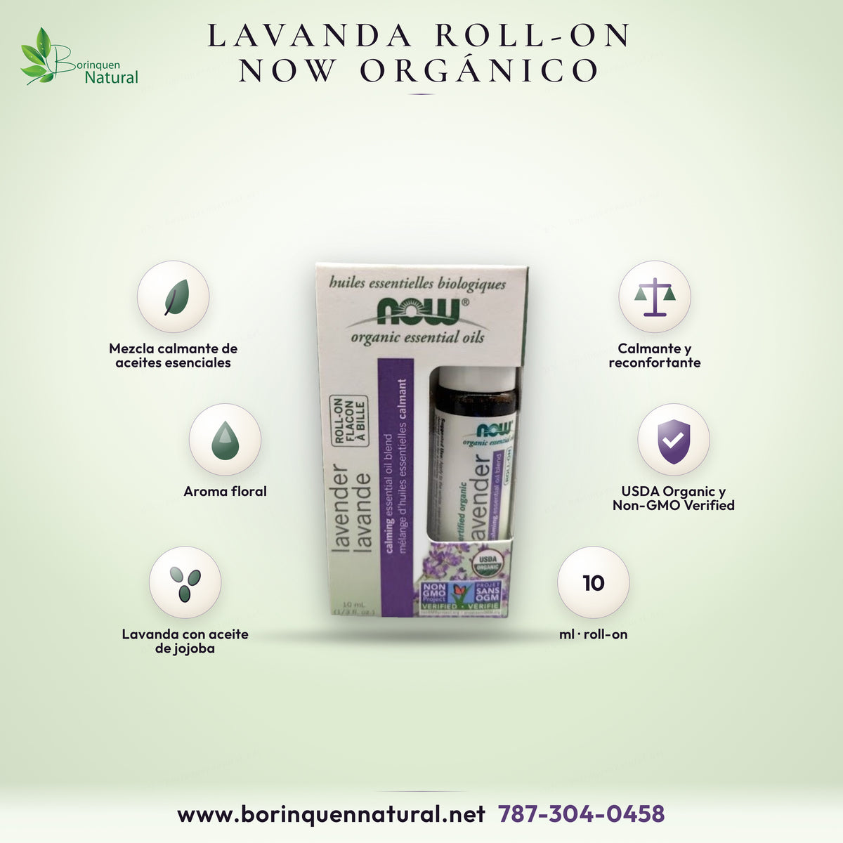 Lavender roll-on de NOW Organic Essential Oils, mezcla calmante de aceite de lavanda y jojoba orgánicos, 10 ml
