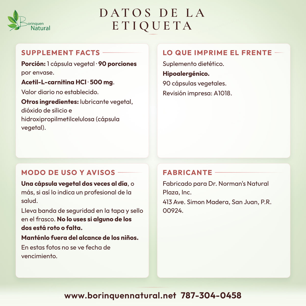 Datos de la etiqueta del L-Carnitine Dr. Norman's: facts, uso y fabricante
