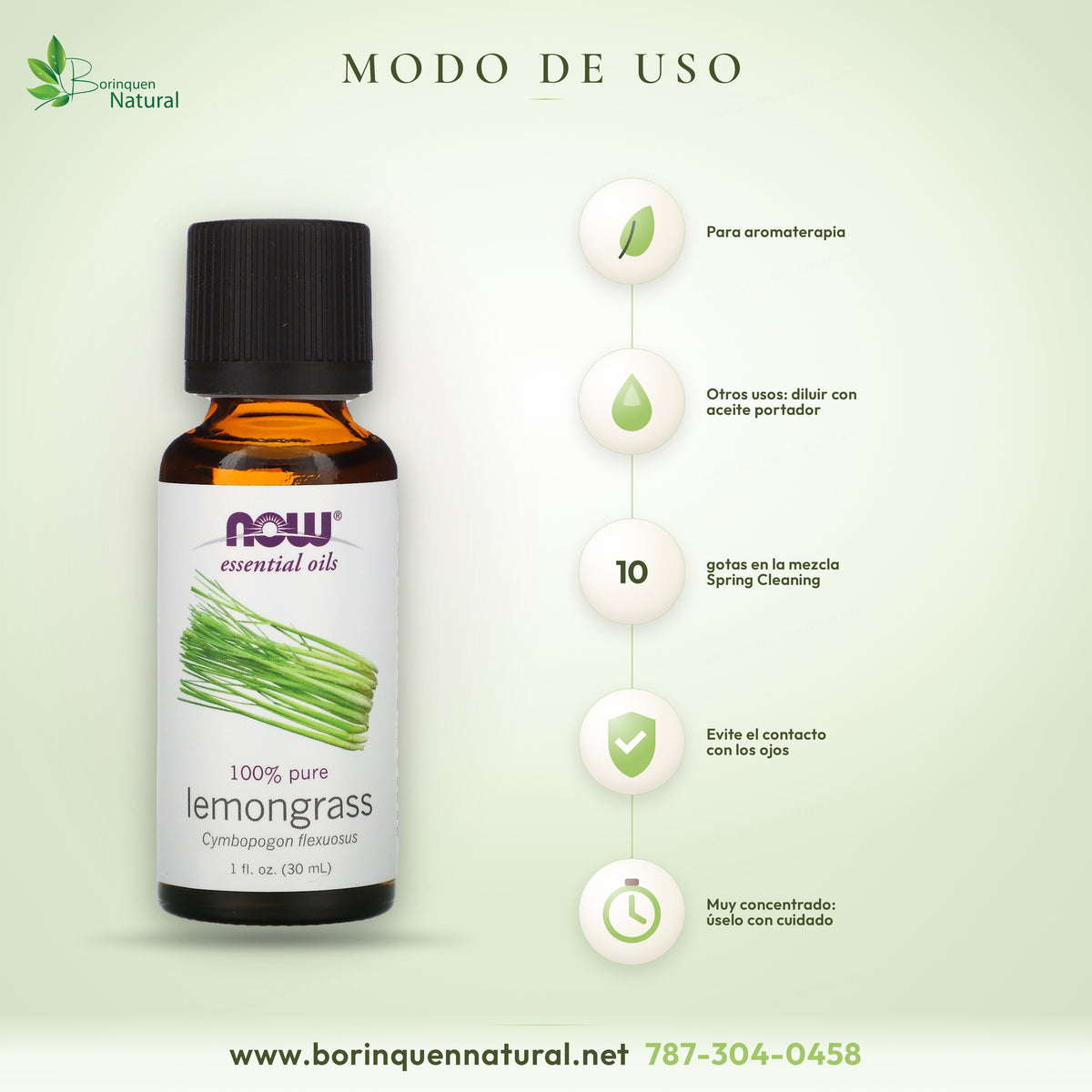 Modo de uso del aceite de limoncillo NOW: aromaterapia; para otros usos, diluir en aceite portador