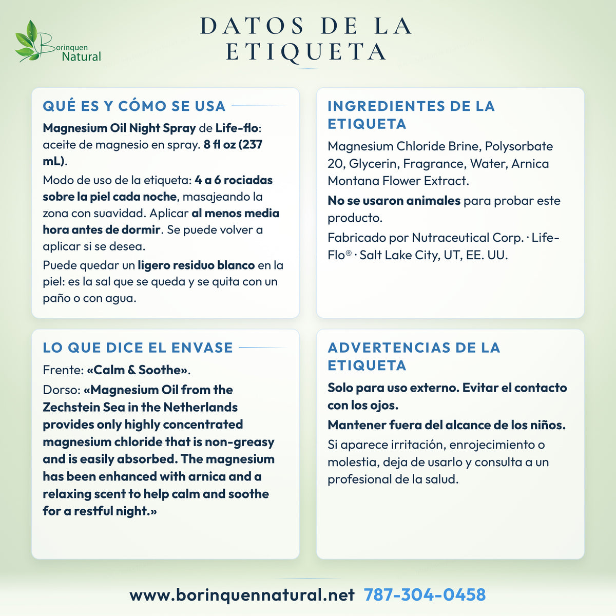 Datos de la etiqueta de Magnesium Oil Night Spray de Life-flo: modo de uso, ingredientes, lo que dice el envase y advertencias