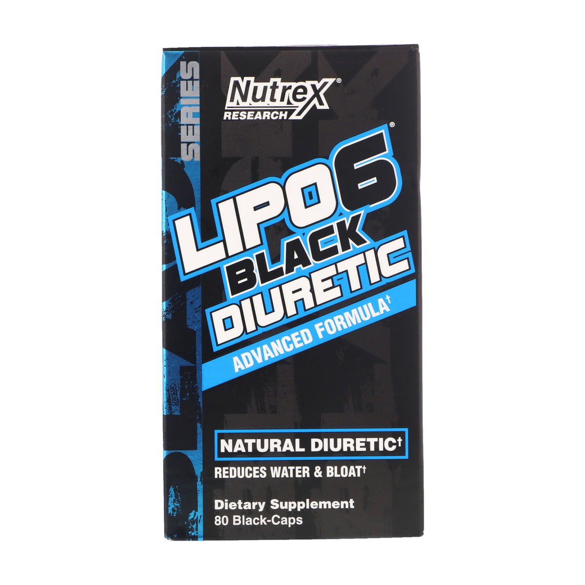 Caja de Lipo-6 Black Diuretic de Nutrex Research, 80 Black-Caps, sobre fondo blanco