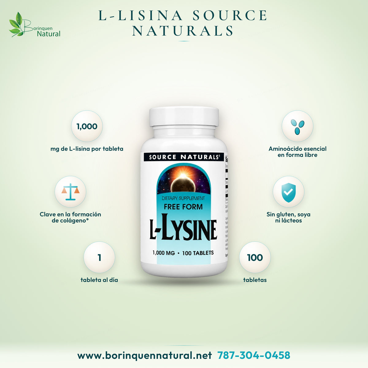 L-Lysine Free Form de Source Naturals, aminoácido esencial en forma libre, 1,000 mg por tableta, 100 tabletas