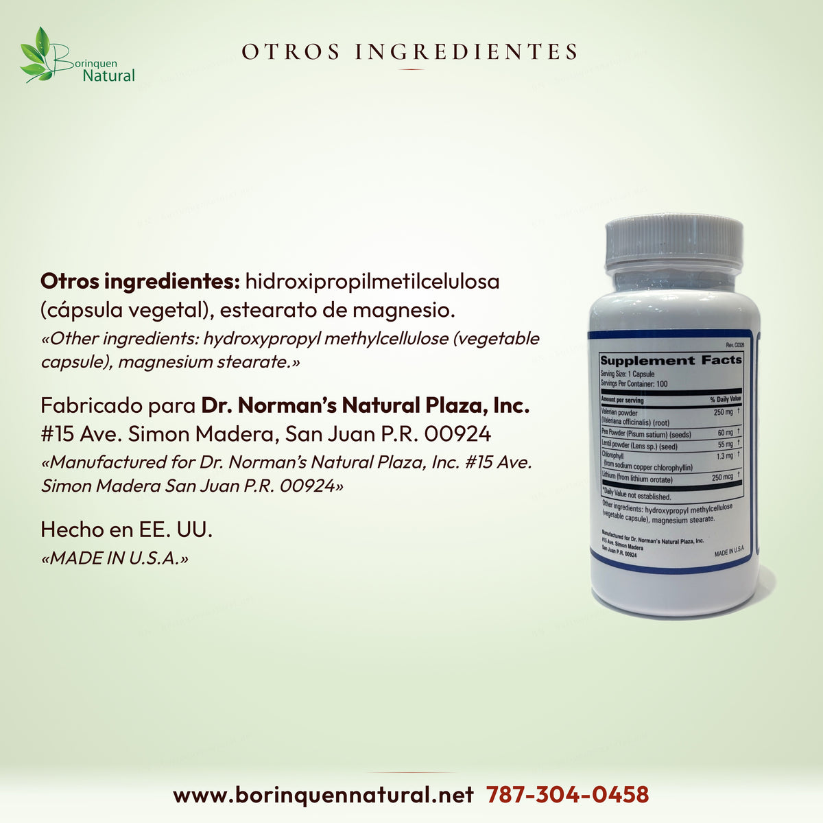Otros ingredientes de Lithio-Plex: hidroxipropilmetilcelulosa (cápsula vegetal) y estearato de magnesio; hecho en EE. UU.