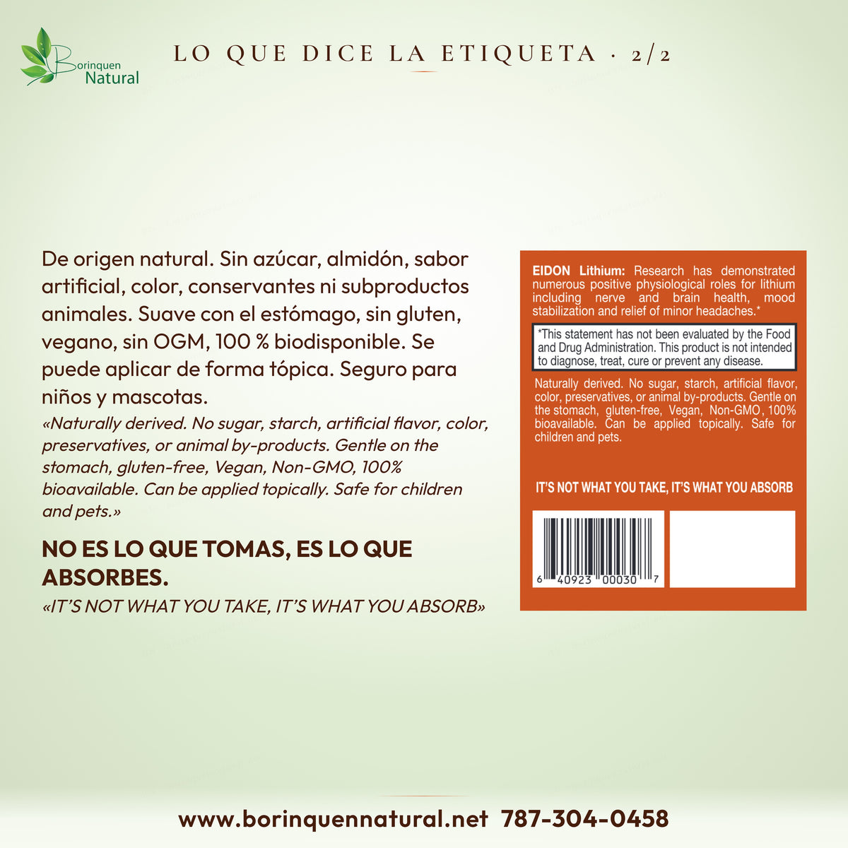 Litio Eidon de origen natural: sin azúcar, almidón ni gluten; vegano, sin OGM; seguro para niños y mascotas