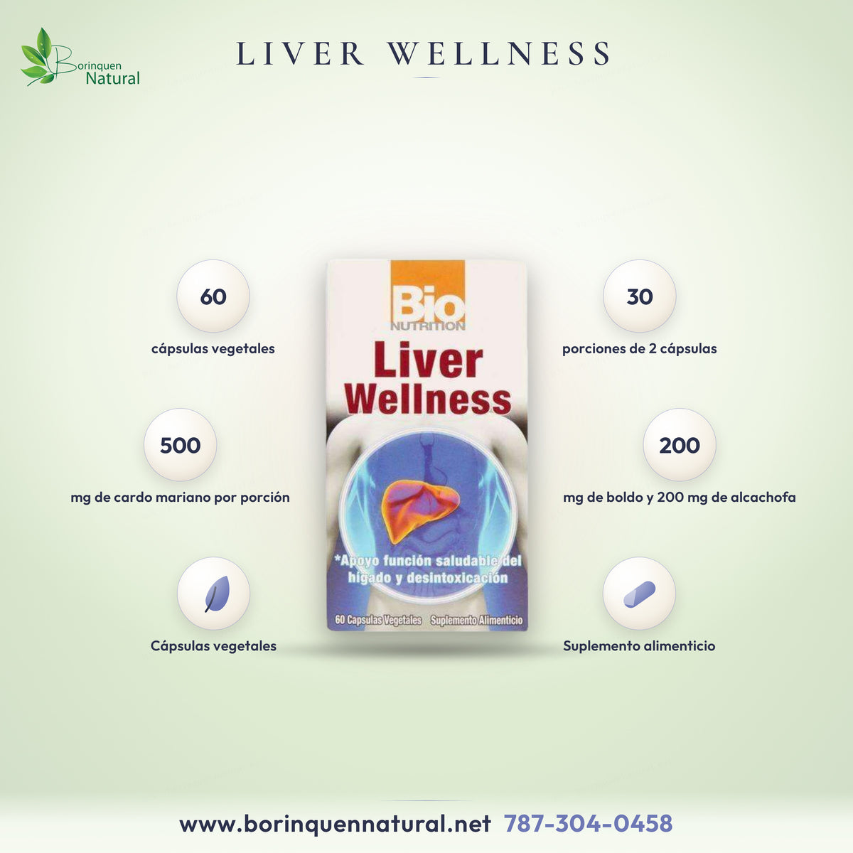 Liver Wellness de Bio Nutrition, caja de 60 cápsulas vegetales con cardo mariano, boldo, alcachofa, diente de león y glutatión