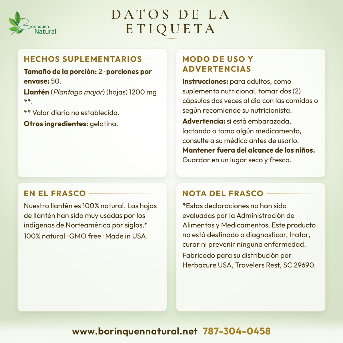 Datos de la etiqueta del Llantén de Herbacure: hechos suplementarios, otros ingredientes, modo de uso, advertencias y lo que dice el frasco
