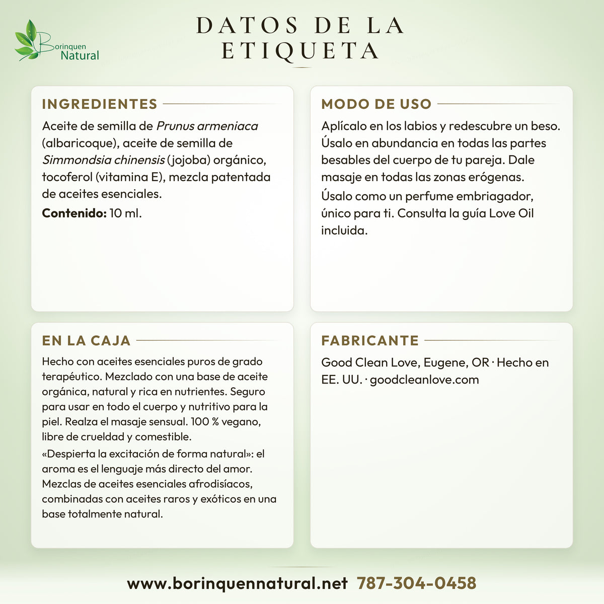 Datos de la etiqueta de Love Oil Origins: ingredientes, modo de uso y lo que dice la caja