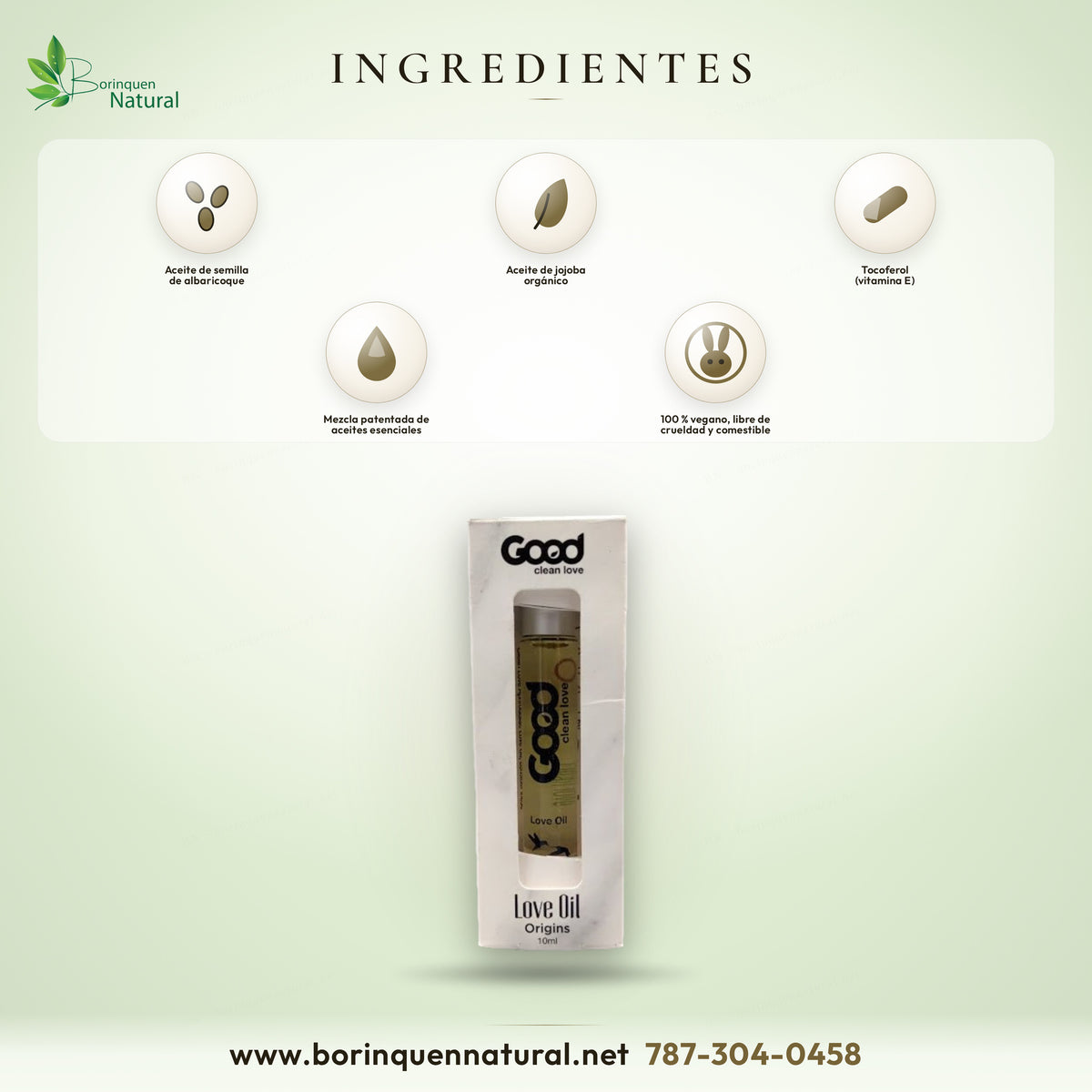 Ingredientes de Love Oil Origins: aceite de semilla de albaricoque, jojoba orgánica, vitamina E y aceites esenciales