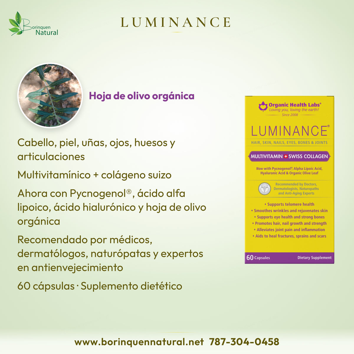 Luminance de Organic Health Labs: multivitamínico con colágeno suizo, Pycnogenol y ácido hialurónico, 60 cápsulas