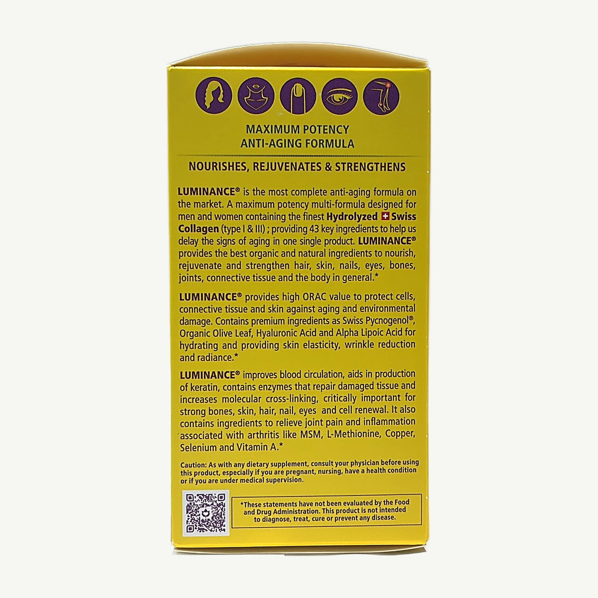 Costado en inglés de la caja de Luminance: colágeno suizo tipo I y III, 43 ingredientes y precaución