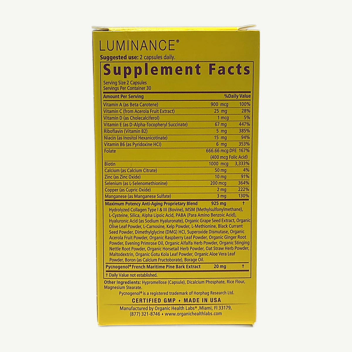 Supplement Facts de Luminance: 2 cápsulas al día, vitaminas, minerales, mezcla de 925 mg y Pycnogenol 20 mg