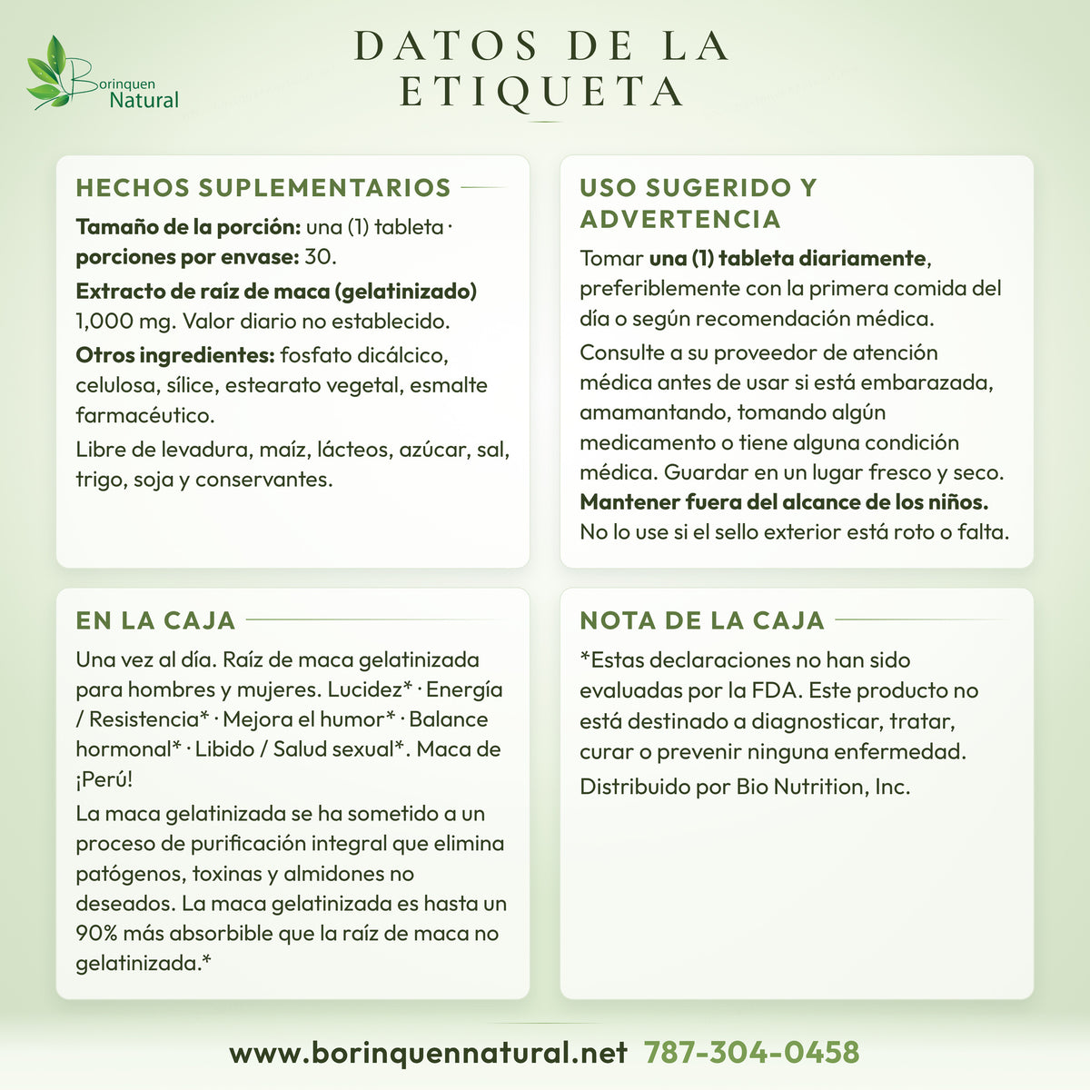 Datos de la etiqueta del Maca-Max de Bio Nutrition: hechos suplementarios, otros ingredientes, uso sugerido, advertencia y lo que dice la caja