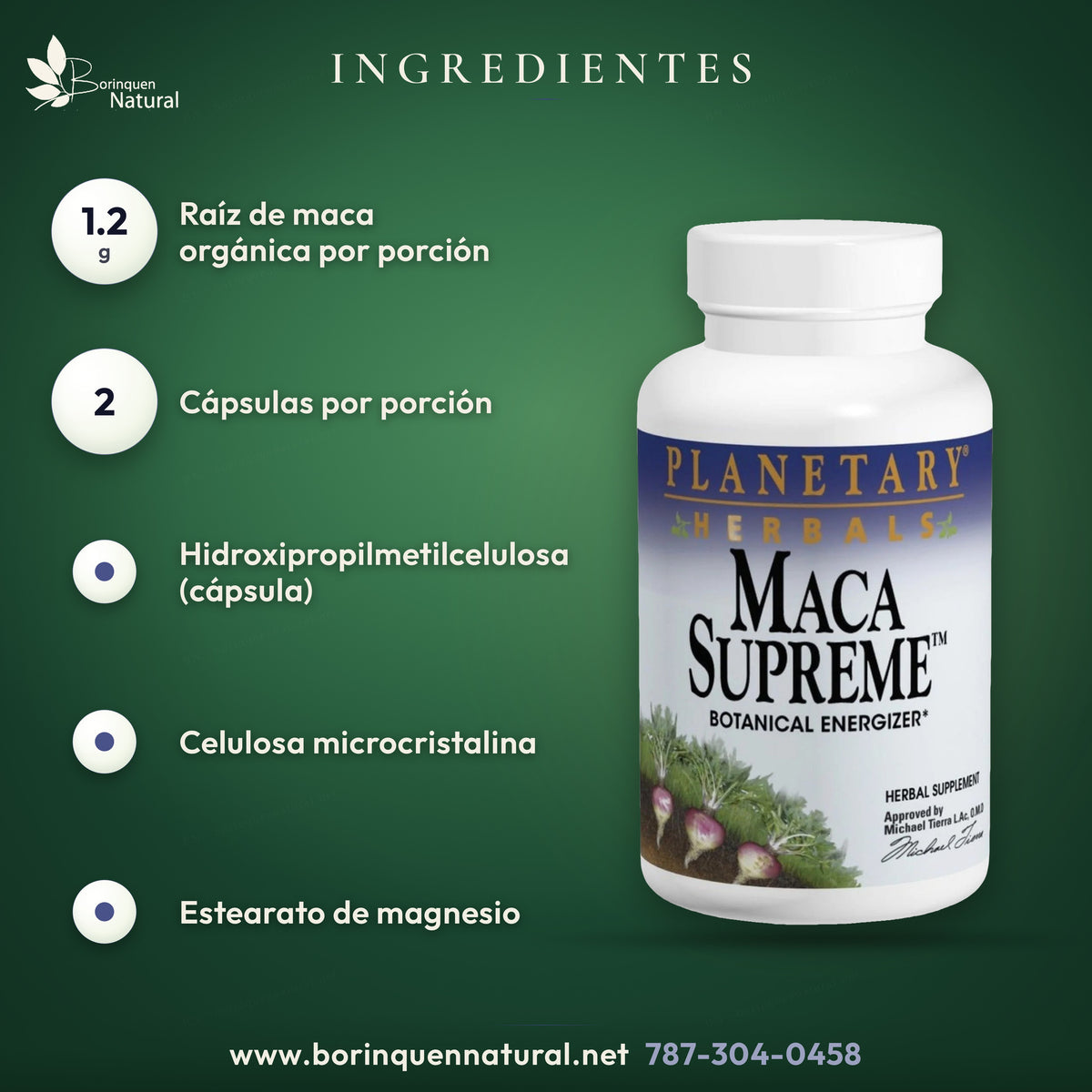 Ingredientes de Maca Supreme de Planetary Herbals: 1.2 g de raíz de maca orgánica por porción de 2 cápsulas vegetarianas