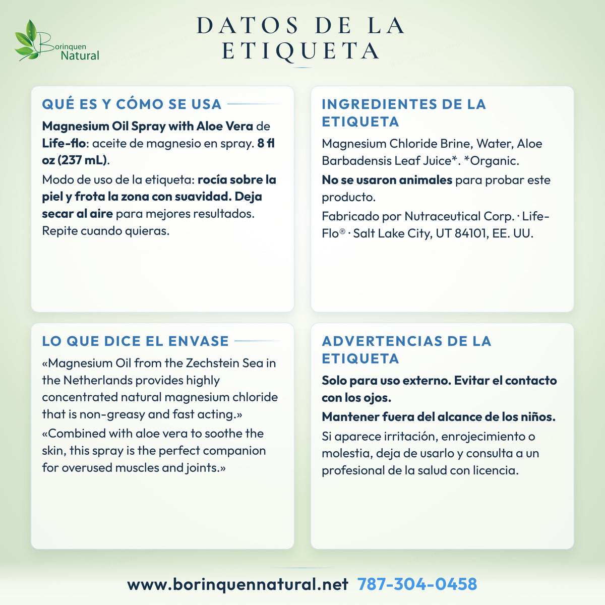 Etiqueta del Magnesium Oil Spray con Aloe Vera de Life-flo: modo de uso, ingredientes y advertencias