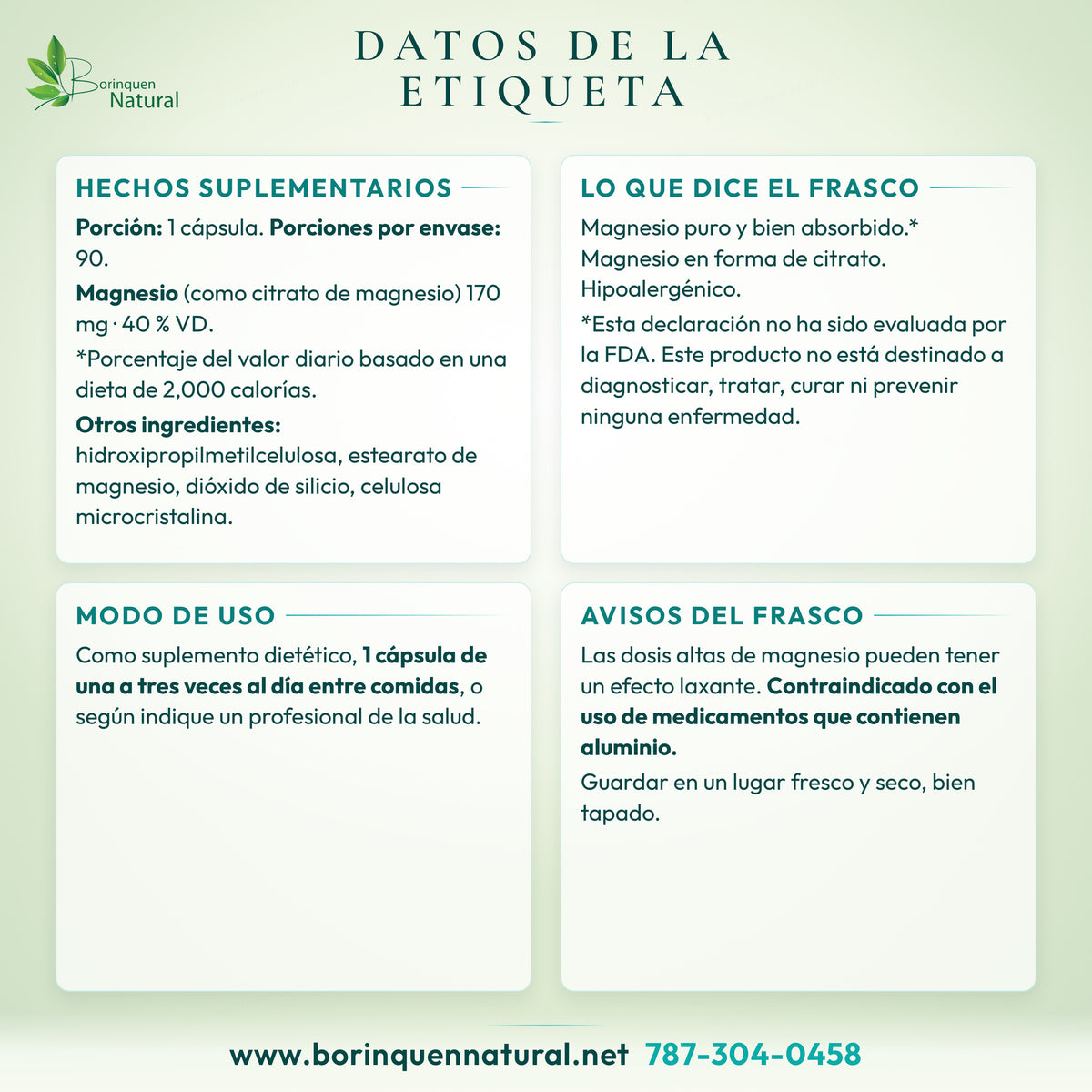 NutriCology magnesium citrate label facts graphic: supplement facts, use, warnings and FDA note