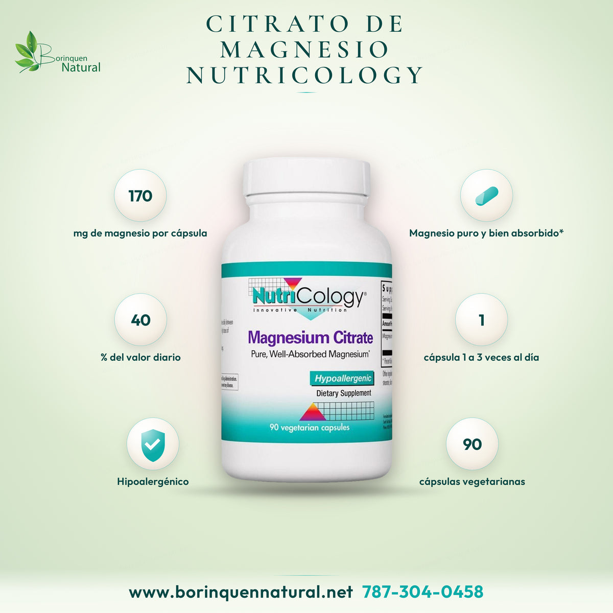 Lámina del Magnesium Citrate de NutriCology: 170 mg de magnesio por cápsula, 90 cápsulas vegetales