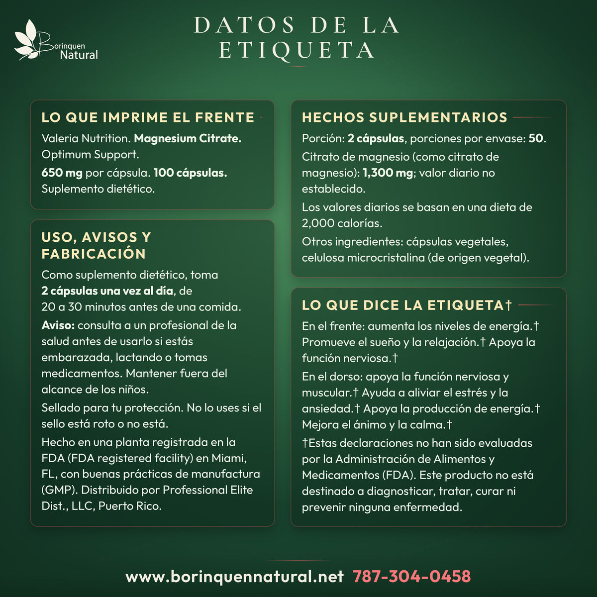 Datos de la etiqueta del citrato de magnesio Valeria Nutrition: hechos suplementarios, uso, avisos y fabricación