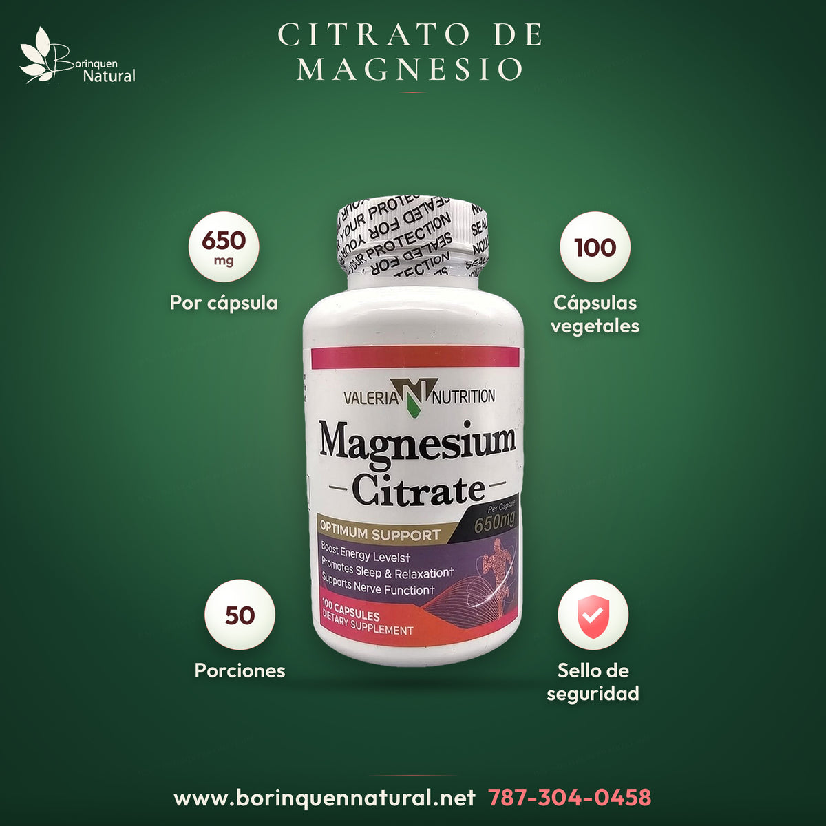 Valeria Nutrition magnesium citrate, 650 mg per capsule, bottle of 100 capsules