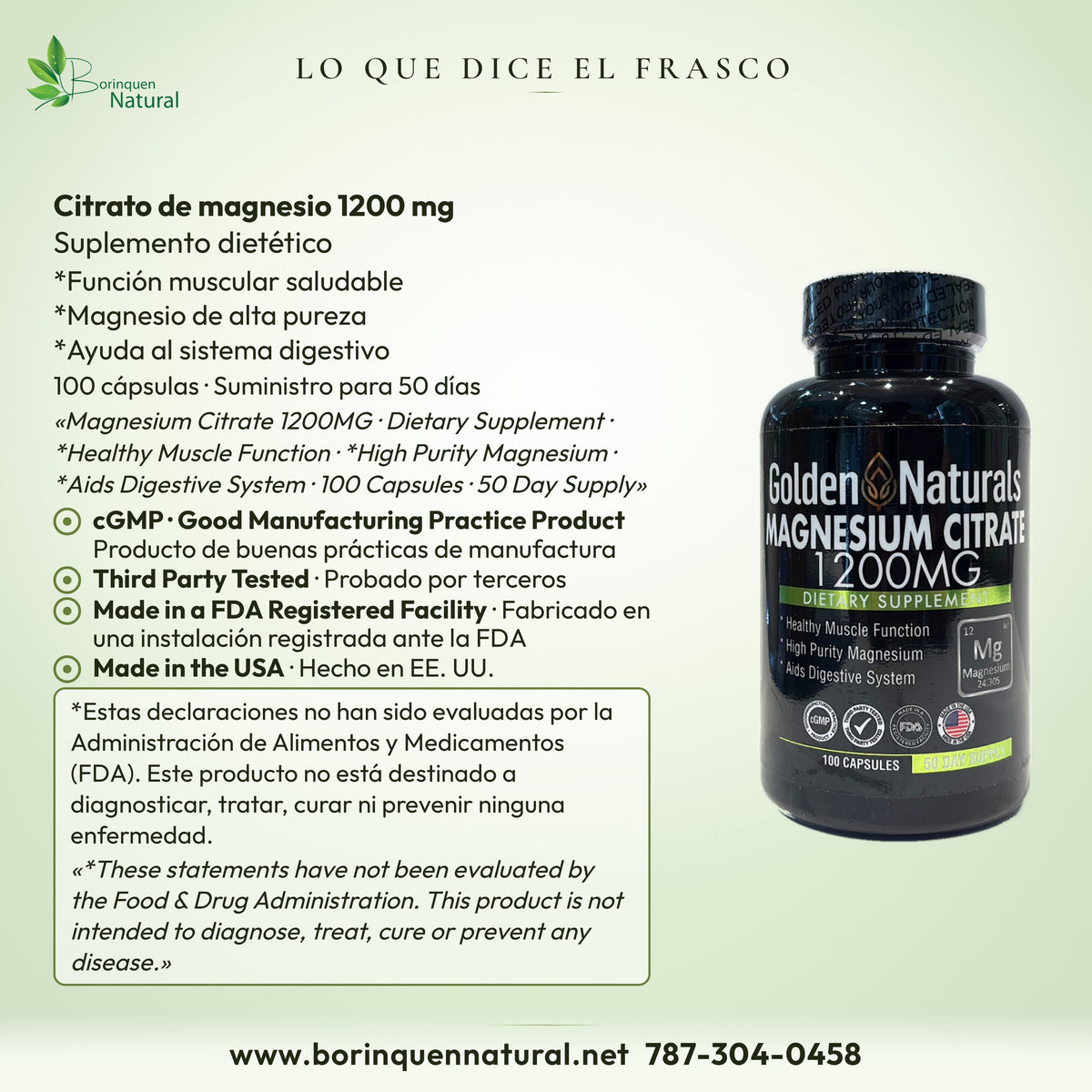 Lo que dice el frasco de Citrato de Magnesio Golden Naturals: función muscular saludable*, sellos y descargo FDA