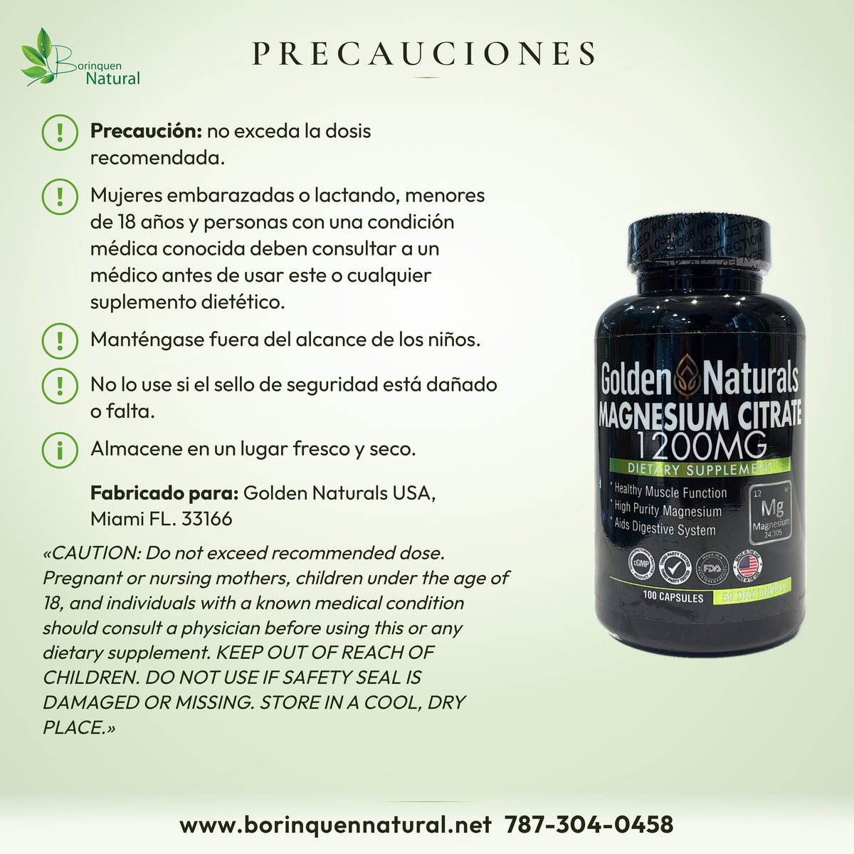 Precauciones del Citrato de Magnesio Golden Naturals: no exceda la dosis, consulte a un médico, lejos de los niños