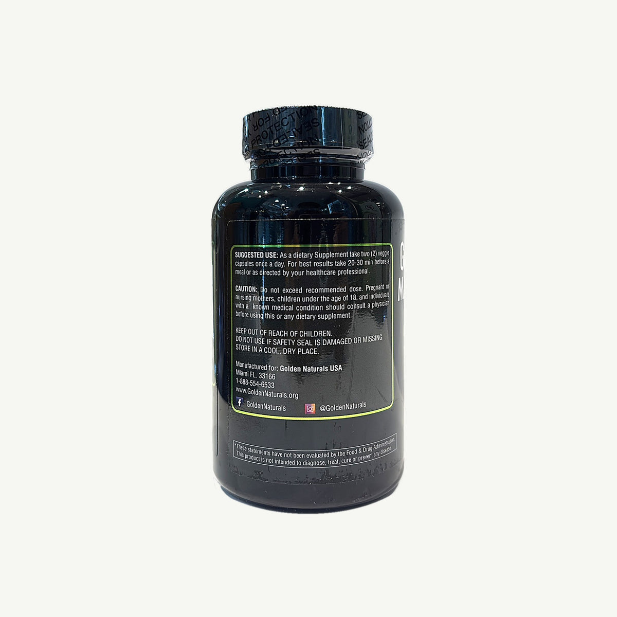 Frasco Golden Naturals, foto real: Suggested Use, 2 veggie capsules once a day, Caution y aviso de la FDA