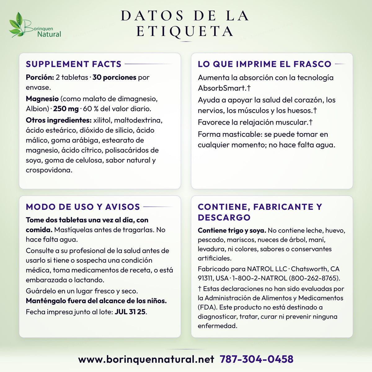 Datos de la etiqueta del magnesio Natrol: facts, modo de uso, trigo, soya y advertencias