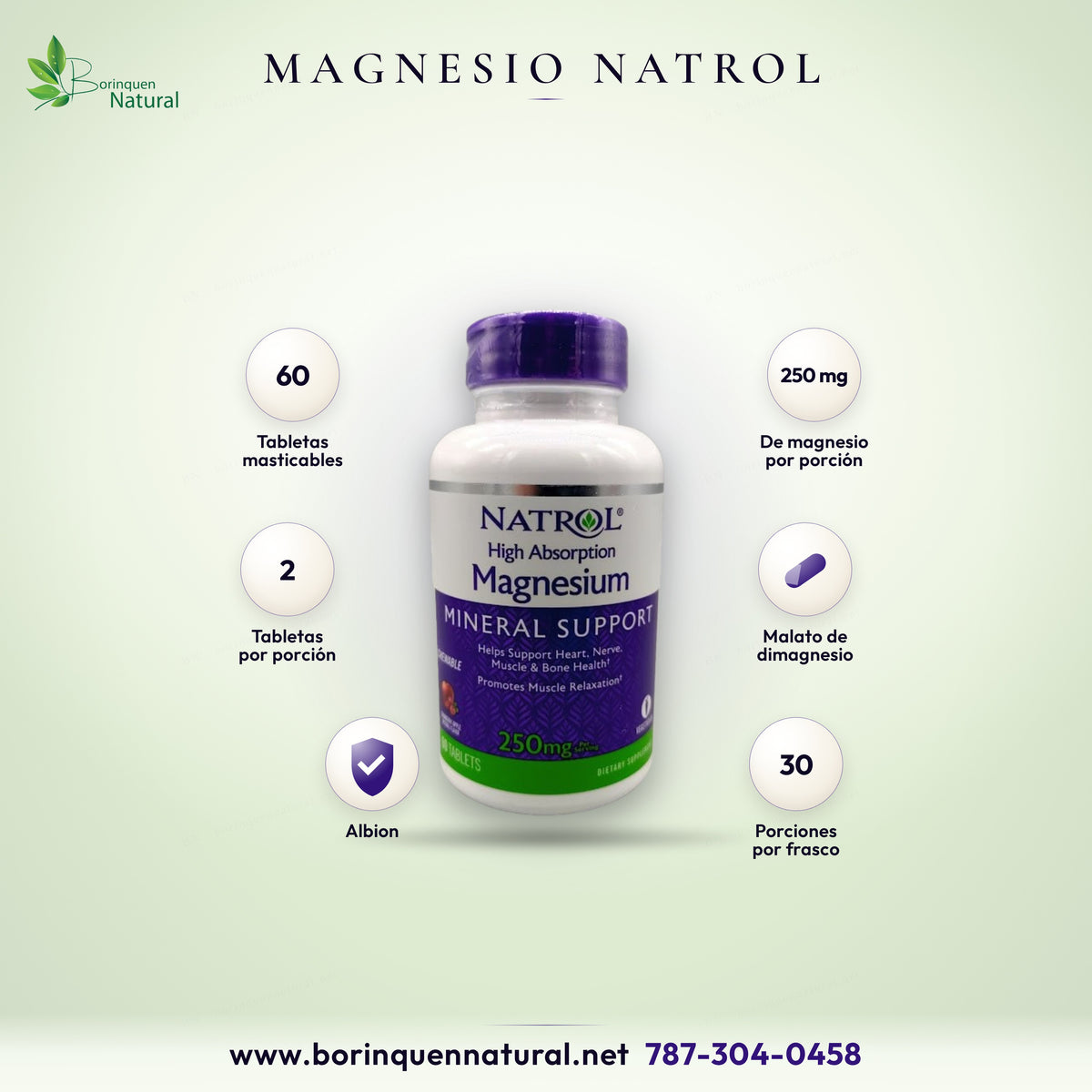 Magnesio de alta absorción Natrol, 60 tabletas masticables, 250 mg de malato por 2 tabletas