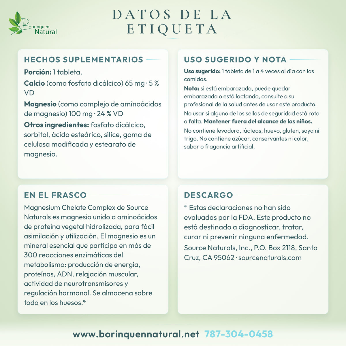 Datos de la etiqueta del magnesio quelado de Source Naturals: hechos suplementarios, uso sugerido y nota